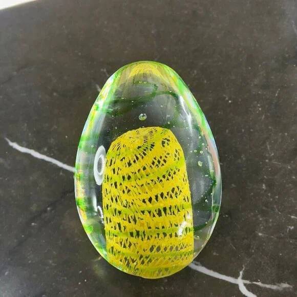 Art Glass Paperweight With Yellow Green Swirls All Over Egg Shaped Paperweight - Picture 3 of 16